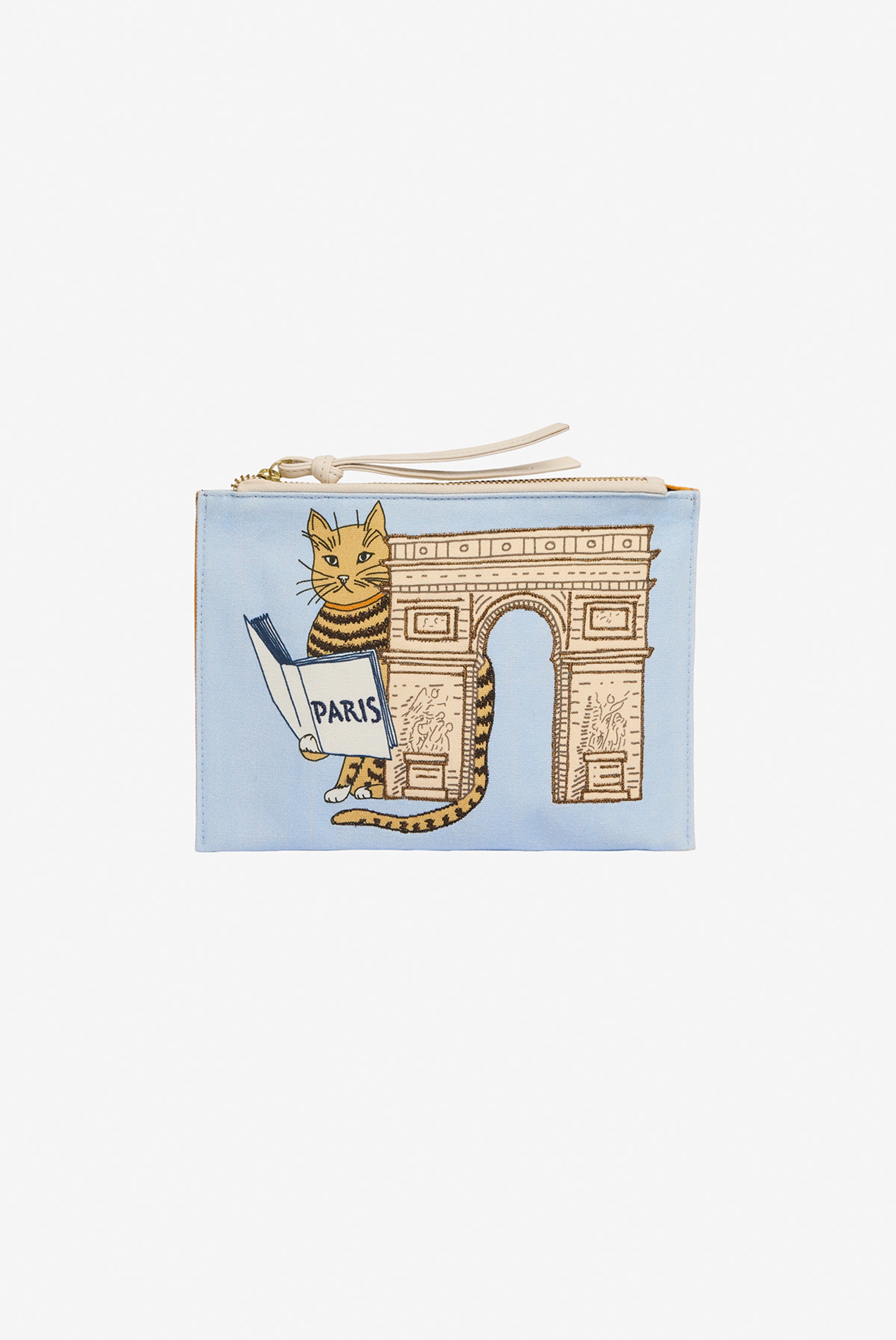 Pochette Brodée - Chat - Bleu Clair